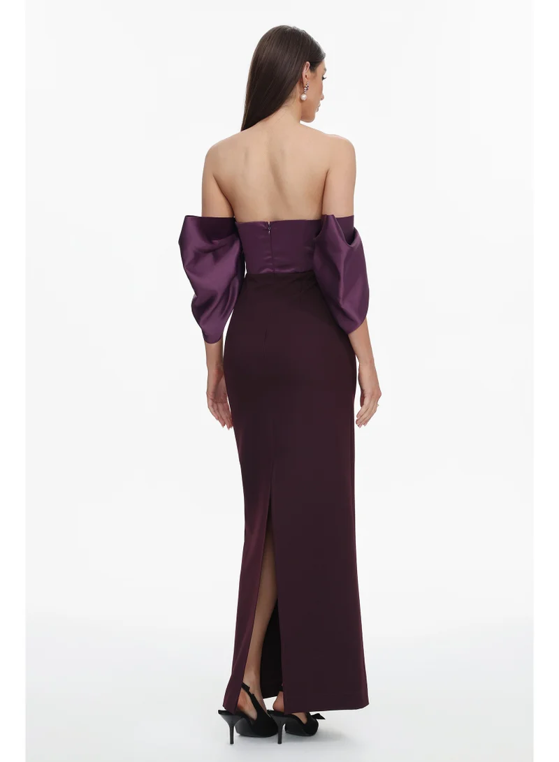 Bella Barnett  Sareka Elegant Tailored Off Shoulder Pleated Satin Maxi Dress for Women | Best Price UAE